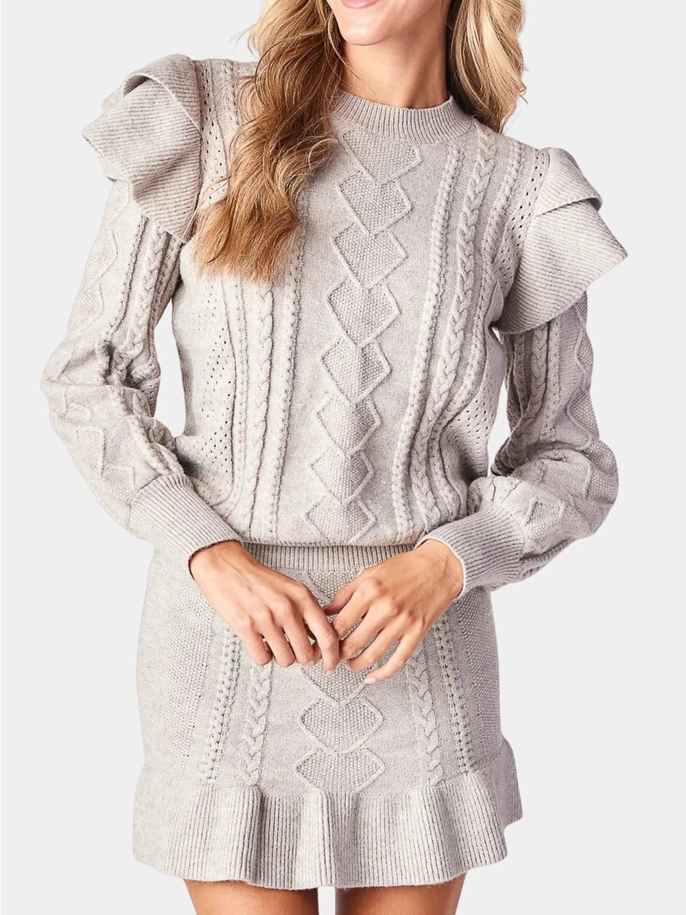 Girls' Light Gray Ruffle-Shoulder Cable Knit Sweater Top